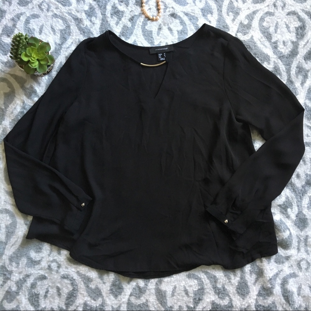 Women’s black long sleeve V-neck blouse Gold decor